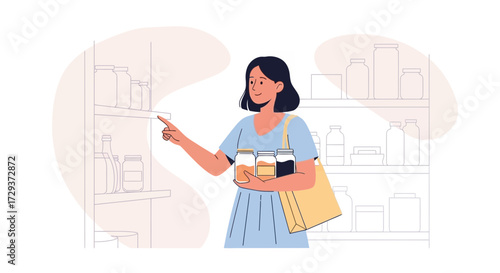 Woman Shopping And Selecting Jars Containing Food Items From A Grocery Store Shelf
