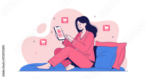 Woman Shopping Online While Relaxing At Home With Digital Tablet and Shopping Carts