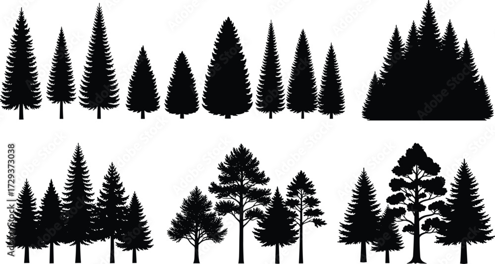 Fototapeta premium ree silhouettes, forest shapes, coniferous and deciduous trees, botanical diversity, nature design, landscape elements, artistic trees, black tree icons