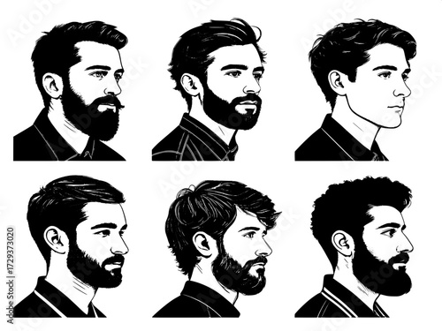 Minimalist black-and-white portraits of six men, each face defined by bold hairstyle and beard outlines, perfectly centered in grid format.