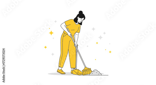 Woman Sweeping Floor in Yellow Outfit, Vector Illustration with Modern Outlines
