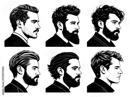 Minimalist black-and-white portraits of six men, each face defined by bold hairstyle and beard outlines, perfectly centered in grid format.