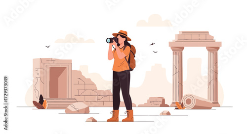 Woman Traveler Photographing Ancient Ruins And Capturing The Essence Of History