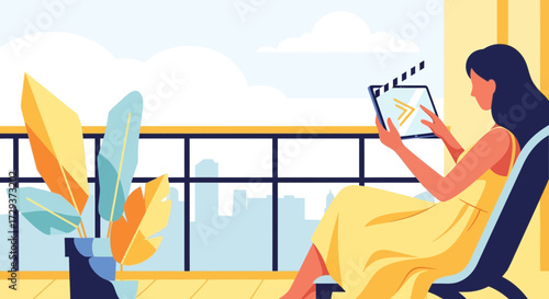 Woman Watches Digital Display On Balcony With City Skyline, Modern Media Lifestyle