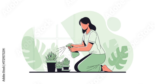 Woman Watering Potted Plants, Home Gardening, Interior Decor, Houseplant Care, Vector Illustration