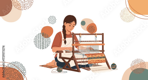 Woman Weaving Fabric With Creative Designs on a Traditional Wooden Loom and Artistic Elements