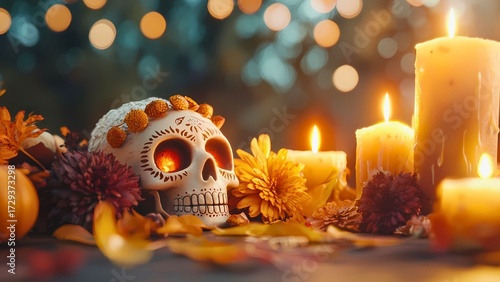 A captivating scene of Dia de los Muertos, featuring a decorative skull, candles, and flowers. It's a celebration of life and remembrance. 