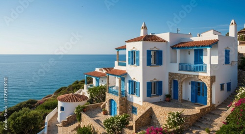 Charming white villa with blue shutters perched on a cliff overlooking the sparkling azure sea