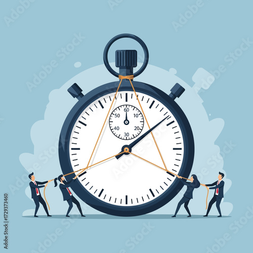 Teamwork pulling ropes attached to a giant stopwatch, symbolizing time management and deadlines.