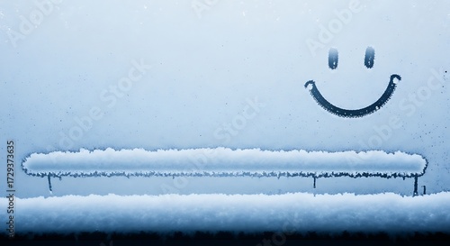 Joyful smiley face drawn in frost on a cold winter day window pane
