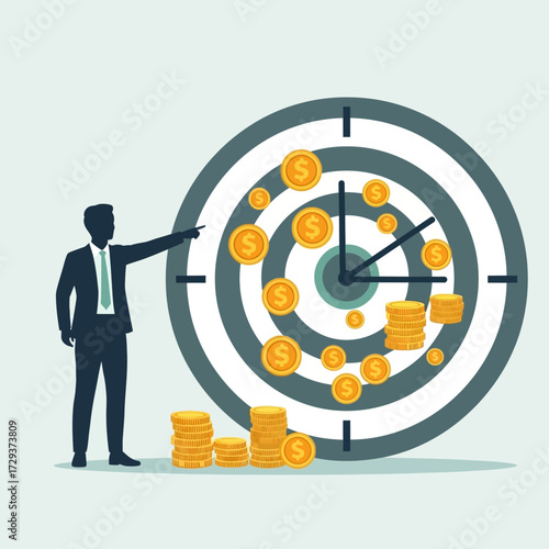 Man pointing at target with clock hands and money coins.