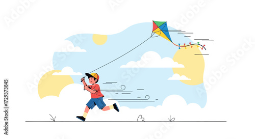 Young Boy Runs Joyfully Outdoors While Flying A Colorful Kite On A Sunny Day