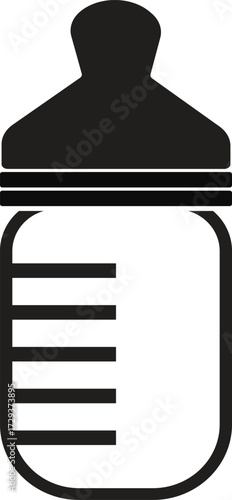 Simple black and white icon of a baby feeding bottle with measurements for nutrition vector