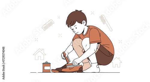 Young Lad Polishing Brown Shoes To Enhance Appearance With Minimalist Illustration