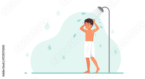 Young Man Taking a Shower Under Flowing Water Getting Himself Clean and Refreshed