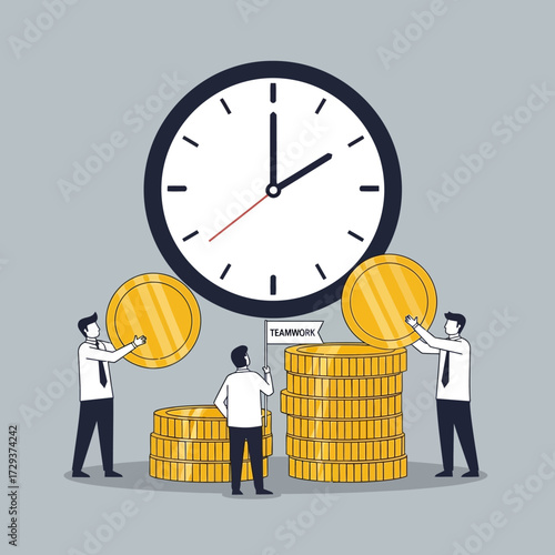 Business professionals building stacks of coins with a clock, teamwork concept.