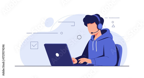 Young Man Working Remotely with Headset and Laptop in a Flat Vector Design