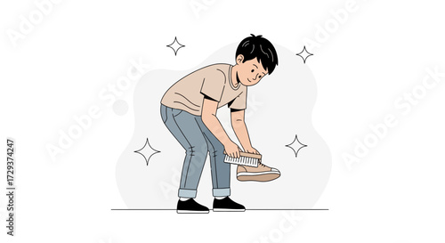 Young Person Brushing Shoe, Promoting Cleanliness And Care Habits In Illustration
