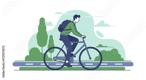 Young Person Cycling Along a Road and Enjoying a Beautiful, Nature-Filled Environment