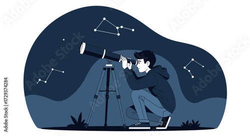 Young Person Gazing Stars And Celestial Bodies Through a Modern Telescope Under the Night Sky