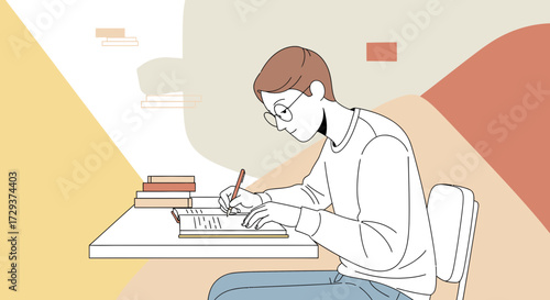 Young Student Concentrates Deeply While Journaling Notes, Studying, And Learning At Desk
