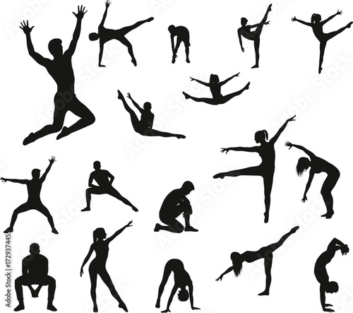 Various dynamic human poses vector silhouettes, including jumping, stretching, and gymnastic postures, for health, sport, and fitness design