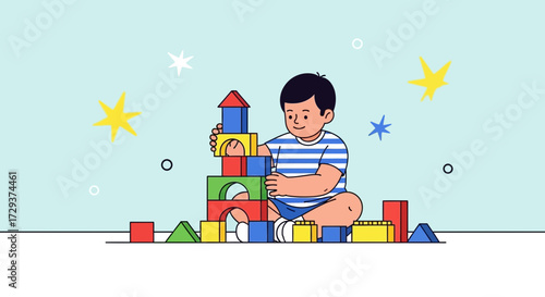 Young Toddler Building Colorful Tower Using Blocks Against Pastel Background