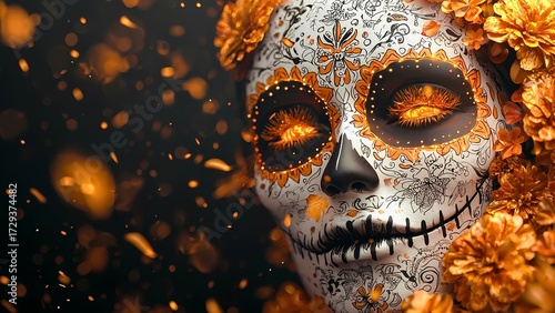 A captivating image showcasing a beautifully adorned skull for Dia de los Muertos (Day of the Dead), a celebration rich in culture