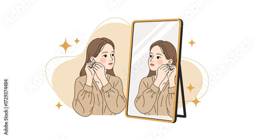 Young Woman Adorning Herself in Front Of A Mirror, Emphasizing Beauty and Style