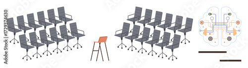 Rows of uniform grey office chairs with one unique red chair up front and a conceptual mind map. Ideal for leadership, innovation, individuality, technology, teamwork, decision-making