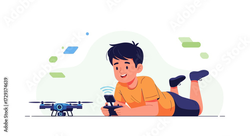 Youngster Enthralled With Drone Operation, Enjoying Aerial Robotics, Playing Outside With Tech