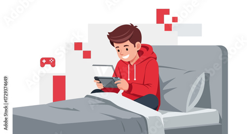 Youngster Enjoying Video Game Playtime On Bedroom Bed with Game Console Happiness