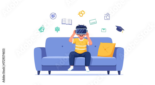 Youngster Experiencing Virtual Reality On A Couch With Education And Communication Icons
