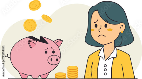 Vector art of sad woman looking at a piggy bank with falling coins, symbolizing financial worries and saving difficulties