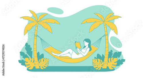 Woman Reading Book in a Hammock Between Palm Trees on Tropical Vacation