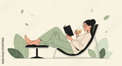 Woman Relaxing With Book And Tea, A Moment Of Serenity In A Simple, Calm Setting