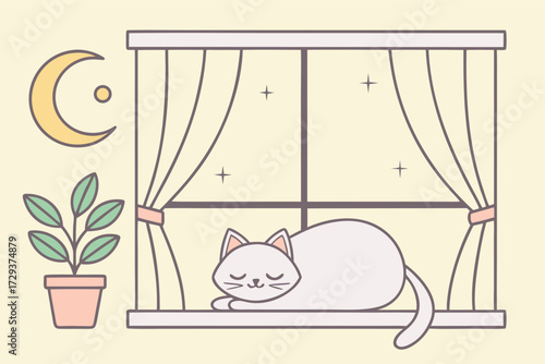 Vector art of cute cat sleeping on a windowsill at night with a crescent moon and a potted plant outside the window