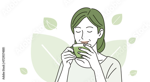 Woman Sipping Matcha Tea, Tranquil Moment, Green Beverage, Relaxed, Enjoying Warm Drink