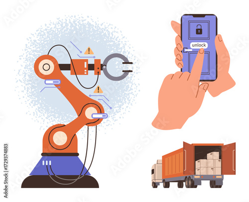 Robotic arm with warning indicators, hands unlocking control on a smartphone, a truck loaded with cargo. Ideal for logistics, automation, technology, industry, innovation safety mobility. A simple