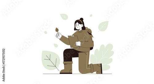 Young Botanist Kneeling Examining A Leaf Amidst Botanical Illustrations