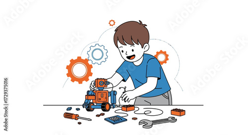 Young Boy Constructing Robotic Creations Using Building Blocks And Engineering Tools
