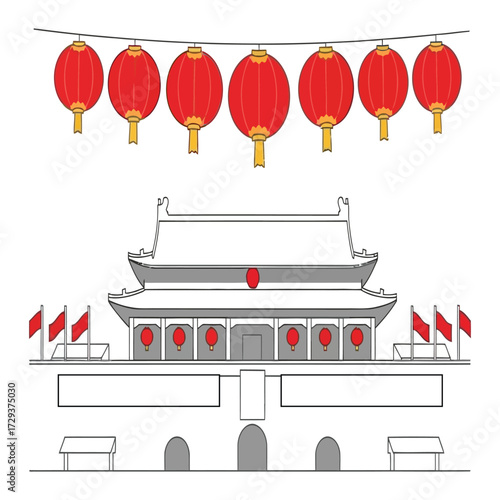 Chinese cultural symbols vector set. Tiananmen Gate in Beijing and red paper lanterns for travel and holiday.