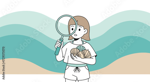 Young Explorer Delights: Observing Seashells with a Magnifying Glass During a Beach Adventure