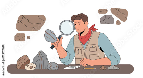 Young Geologist Studying Stone Specimen With Magnifying Glass For Scientific Analysis