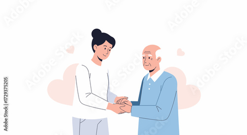 Young Woman Helping Elderly Man Hand, Symbolic Of Care And Kindness Shared Between Them