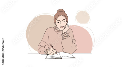 Young Woman Writing In Notebook With A Pen In Minimalist Aesthetic Soft Tones