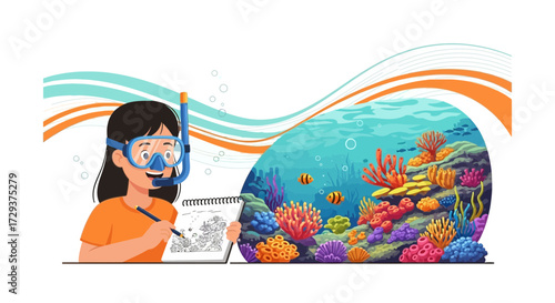 Young Woman Sketches Vibrant Underwater Coral Reef Scene While Snorkeling and Exploring the Ocean