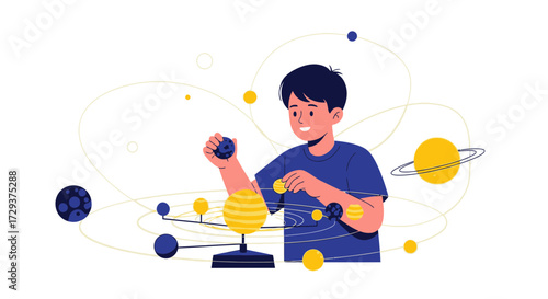 Youngster Exploring Solar System With Model Explaining Celestial Mechanics and Planets