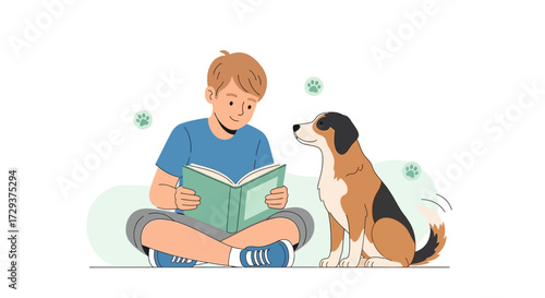 Youngster Reading A Book With His Canine Companion In This Beautiful Illustration