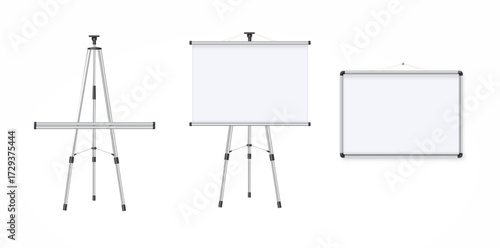 Empty Projection screen, Presentation board in realistic style. Horizontal roll up banner. Blank whiteboard for conference. Vector EPS 10.